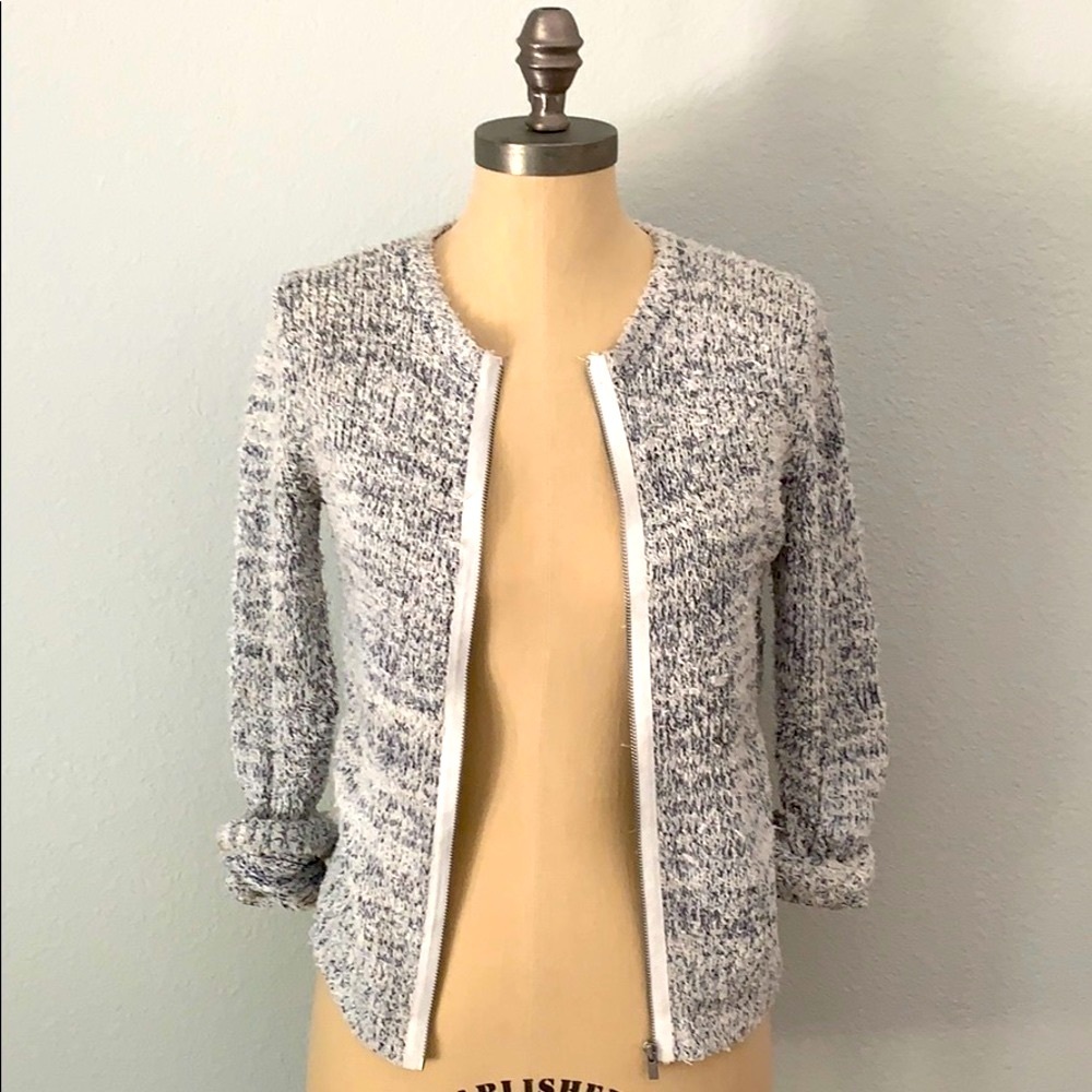LOFT Boucle Knit Full Zip Cardigan Sweater Jacket Gray White Marled Size XS
